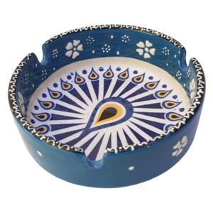 Scrumiera ceramica, lucrata manual, diametru 11 cm, motive florale turcuaz, handmade, EHA