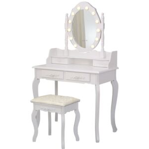 Set Julieta, masă de toaletă cu oglindă iluminată LED, control touch, 4 sertare, scaun, Alb