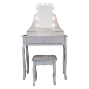 Set Eveline, Masă de toaletă pentru machiaj cu oglindă iluminată LED, 3 sertare, scaun, Alb