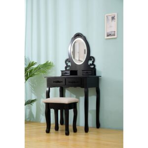 Set Eva, Masă de toaletă cu oglindă iluminată bandă LED, control touch, 4 sertare, scaun, Negru