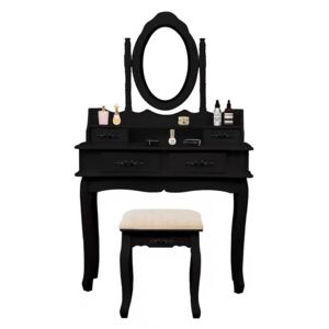 Set Maia, Masă de toaletă cu oglindă iluminată bandă LED, control touch, 4 sertare, scaun, Negru