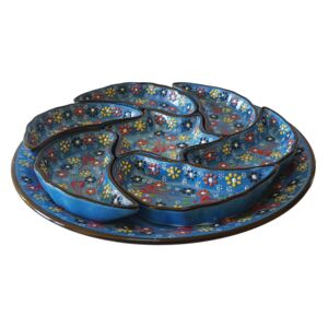 Platou ceramic turcesc, compartimentat cu desen in relief, pentru mic dejun, 8 piese, albastru cu flori, handmade, EHA