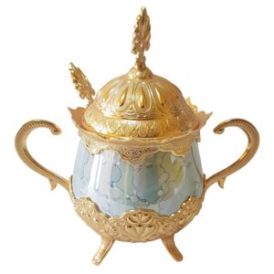 Zaharnita deosebita cu capac si lingurita, Busem, 16x16 cm, auriu cu albastru