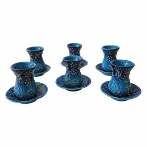 Set ceai ceramic lucrat manual,6 pahare,EHA,albastru cu desen in relief