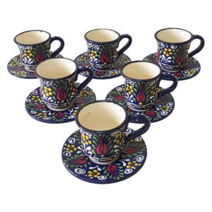 Set cafea turceasca ceramica, pictat manual, 12 piese, bluemarin cu flori, EHA