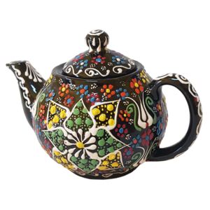 Ceainic turcesti ceramic EHA, pictat manual in relief, culoare multicolor negru cu flori, 600 ml, hand-made