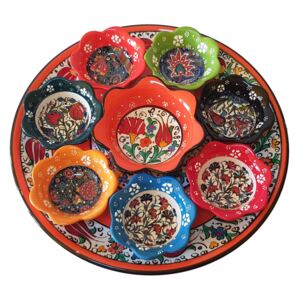 Platou ceramic turcesc cu boluri in relief, 9 piese, multicolor oranj cu flori, handmade, EHA
