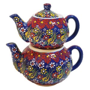 Set 2 ceainice turcesti ceramic EHA, pictat manual in relief, culoare albastru cu flori, 1300 l si 0,600 l, hand-made