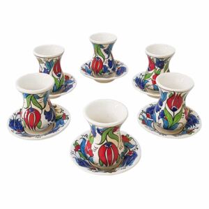 Set ceai ceramic lucrat manual,6 pahare,EHA,alb cu flori