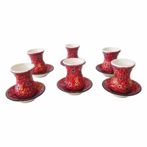 Set ceai ceramic lucrat manual,6 pahare,EHA,rosu/negru cu flori in relief