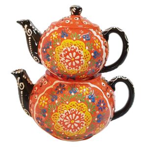 Set 2 ceainice turcesti ceramic EHA, pictat manual in relief, culoare oranj cu flori, 1300 l si 0,600 l, hand-made