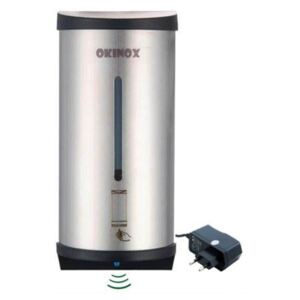 Dispenser sapun si dezinfectant cu senzor Okinox. Oțel inoxidabil. Funcționează atât cu bateria cât și cu adaptorul, 10.5x12x270 cm, Volum de 800 ml