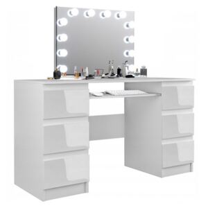 SEA535 - Set Masa toaleta, 130 cm, cosmetica machiaj, masuta vanity, oglinda cu LED-uri - Alb Lucios