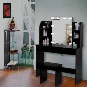 SEM214 - Set Masa toaleta 108 cm, cosmetica machiaj oglinda masuta vanity cu oglinda, rafturi si scaun - Negru
