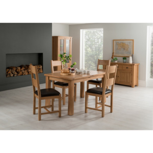 Set masa extensibila din lemn de stejar si furnir + 4 scaune cu sezut tapitat cu piele ecologica Breeze Oak / Brown, L120-165xl85xH78 cm