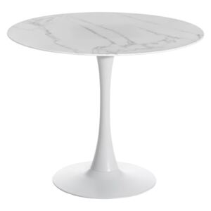 Masa dining rotunda din metal si sticla 90cm Marmo White | IXIA
