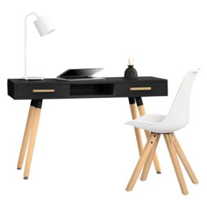 Birou retro cu sertar si scaun, MDF/plastic, 75 x 120 x 45 cm, negru/alb