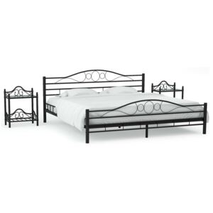 Cadru de pat cu 2 noptiere, negru, 140 x 200 cm, metal
