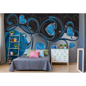 Fototapet - Rose Hearts Blue Swirly Modern Design Vliesová tapeta - 368x254 cm