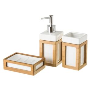 Set 3 accesorii pentru baie albe/maro din ceramica si lemn de bambus Alan Unimasa