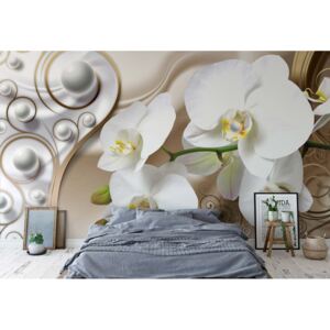 Fototapet - 3D Ornamental Swirl Design Flowers Orchids Vliesová tapeta - 416x254 cm