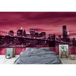 Fototapet - City Brooklyn Bridge New York Pink Vliesová tapeta - 250x104 cm