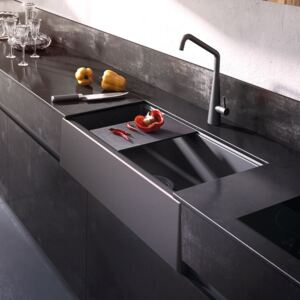 Chiuveta bucatarie granit reversibila CookingAid Lux LX8410 Farm House Apron Neagra Black Metal Quartz + accesorii montaj