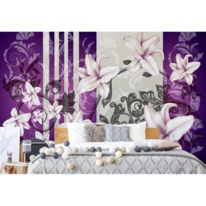 Fototapet - Floral Pattern With Swirls Purple Vliesová tapeta - 206x275 cm