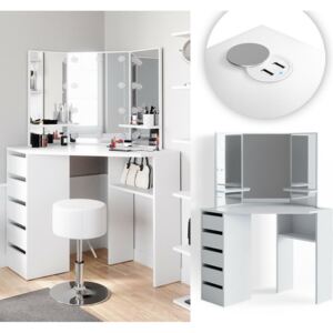 SEA354 - Set Masa alba toaleta cosmetica machiaj oglinda cu LED, masuta vanity pe colt cu incarcare USB