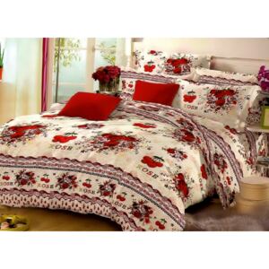 Lenjerie de pat pentru o persoana cu husa elastic pat si fata perna dreptunghiulara, Red rose, bumbac mercerizat, multicolor