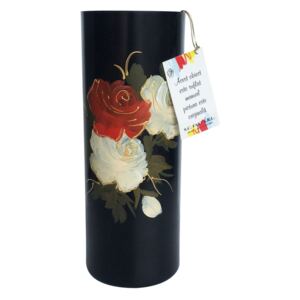 Vaza decorativa, cilindrica, din sticla pictata, neagra, model trandafiri, 12 x 30 cm