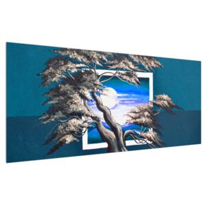 Tablou albastru cu copac și răsărit de soare (Modern tablou, K014023K12050)