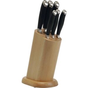 Suport set pentru cuțite + 6 cuțite profesionale, cuțit pentru feliere 200 mm, cuțit pentru unt 200 mm, cuțite de bucătărie 200 mm și 120 mm, cuțit cu vârf ascuțit 90 mm, cuțit pentru legume 75 mm, suport, Pintinox