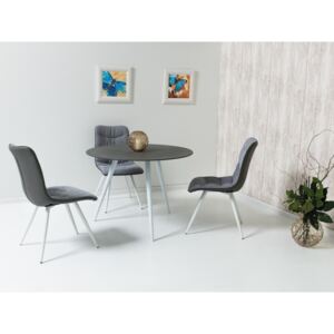 Set masa din sticla si metal Evita Gri / Alb + 4 scaune tapitate cu stofa si piele ecologica Evita Gri / Alb, Ø100xH76 cm
