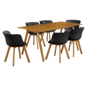 [en.casa]® Masa de bucatarie/salon bambus design Niko, MDF/plastic/lemn de fag, 180 x 80 x 76 cm cu 6 scaune, culoarea bambusului/negru