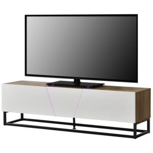 [en.casa]® Comoda TV cu LED AANT-0330, 140 x 35 x 41 cm, MDF/metal, cu 2 dulapuri, culoarea lemnului, alb lucios, negru