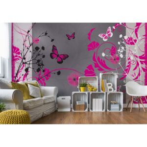 Fototapet - Flowers And Butterflies Modern Design Pink Vliesová tapeta - 208x146 cm