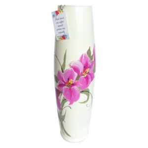 Vaza Dunia, sticla pictata manual, crem, model floral, H 49 cm