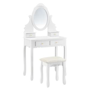 Set Delia masa de toaleta/machiaj cu oglinda si scaun, masa 75 x75 x 40 cm, scaun 45 x 37 x 28 cm, MDF, alb, cu 4 sertare pentru depozitare