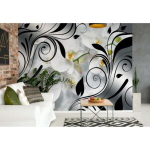 Fototapet - Orchids And Swirls Silver And Black Floral Design Vliesová tapeta - 206x275 cm
