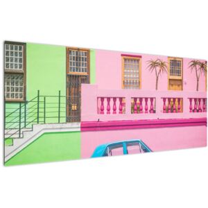 Tablou cu mașina - casele colorate (120x50 cm)