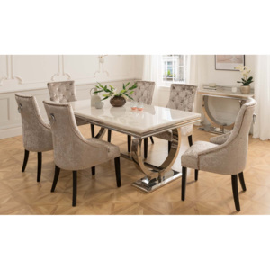 Set masa din marmura si metal "Arianna" Cream + 6 scaune tapitate cu stofa, cu picioare de lemn "Eden" Ivory, L180xl90xH75 cm