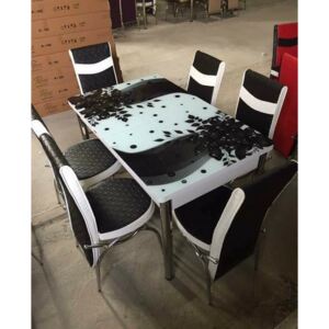 Set Masa Extensibila cu 4 scaune,alb negru cu flor,masa ext.170x80cm