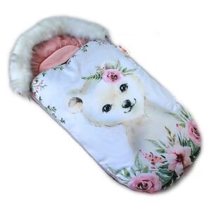 Sac de dormit copii footmuff Baby Nellys Winter Friends Lux catifea, cu blană, 105x55 cm - ursuleți urs/ pudra roz
